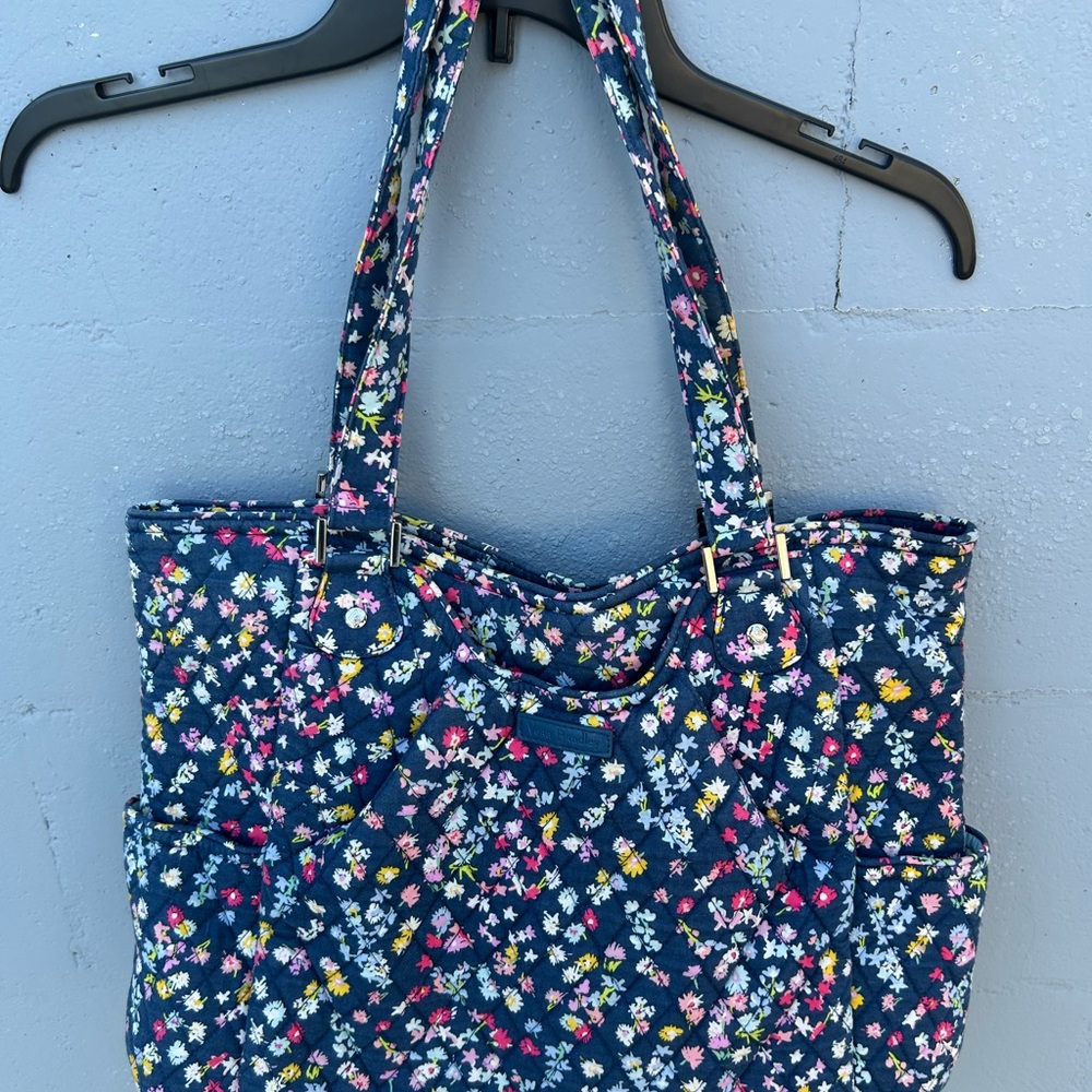 Vera Bradley Navy Floral Quilted Tote with Pink & Yellow Accents